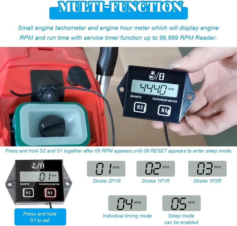 BWBWND Small Engine Tachometer, Waterproof Inductive Hour Meter for 2 Stroke 4 Stroke Small Engine, Digital Display RPM Tach Gauge for Chainsaw Marine ATV Motorcycle UTV Generator - Image 3